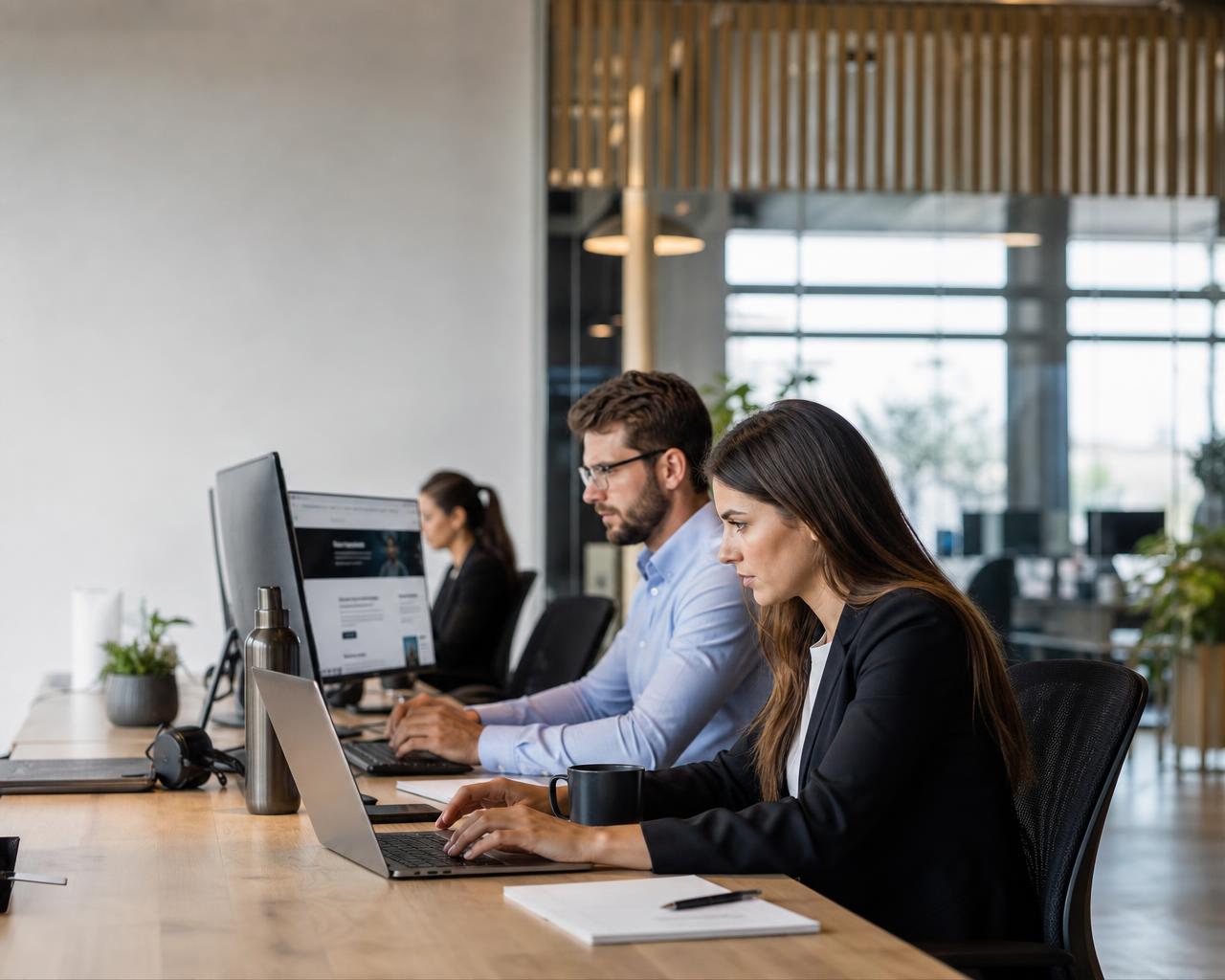 Equipe de profissionais trabalhando em um escritório moderno com computadores, representando tecnologia, produtividade e presença digital corporativa